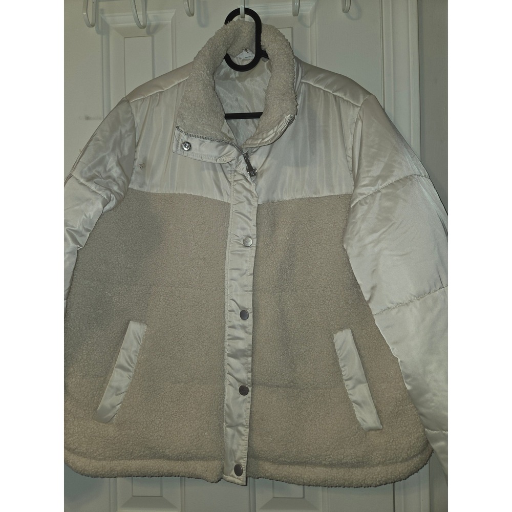 Time and Tru Womens XL Cream Mixed Media Faux Shearling Puffer Jacket Coat